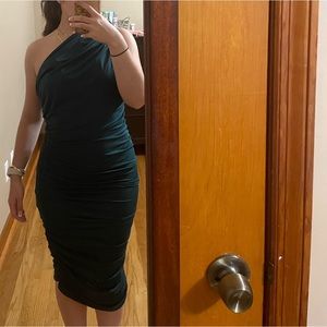 PrettyLittleThing Emerald green one shoulder ruched dress